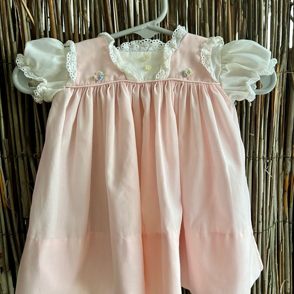 Vintage Baby Dress Handmade Embroidered 0-3M Pink White